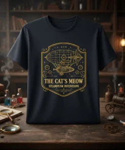 The Cat's Meow Steampunk Inventions t-shirt design featuring a golden outline of a blimp with gears and the text "The