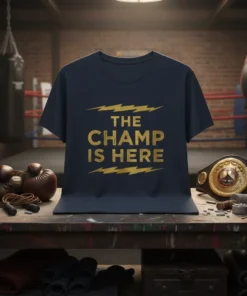 The Champ Is Here quote in gold glitter font on a navy t-shirt, surrounded by boxing gear