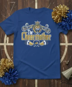 The Cheer Mother t-shirt design featuring a lion wearing a crown, pom-poms, and megaphones