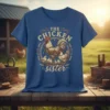 The Chicken Sister t-shirt design featuring a rooster, hens, and chicks surrounded by a circular frame with stars and wheat