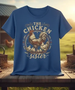The Chicken Sister t-shirt design featuring a rooster, hens, and chicks surrounded by a circular frame with stars and wheat
