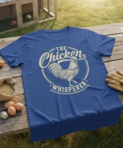 The Chicken Whisperer t-shirt design featuring a detailed rooster illustration and vintage circular text