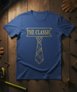 Blue t-shirt with gold glitter text "THE CLASSIC" above a gold geometric tie design