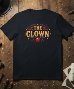 The Clown vintage circus design with gold glitter text and red nose graphic on a navy t-shirt
