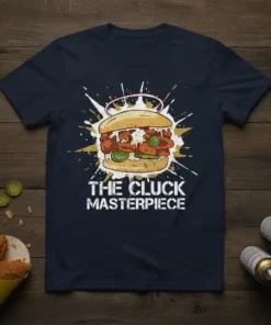The Cluck Masterpiece fried chicken sandwich design with white text and a halo on a navy t-shirt