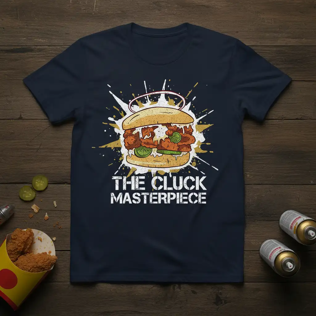 The Cluck Masterpiece fried chicken sandwich graphic with bold white text, perfect for foodies