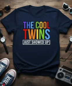 The Cool Twins Just Showed Up text in colorful, bold typography on a navy blue t-shirt