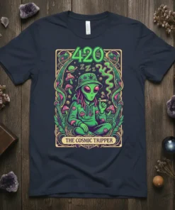 The Cosmic Tripper 420 t-shirt design featuring a green alien wearing a bucket hat and smoking, with mushrooms and cosmic