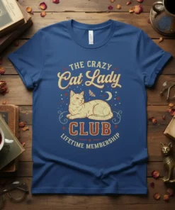 The Crazy Cat Lady Club Lifetime Membership text with a graphic of a cat, moon, and stars on a blue