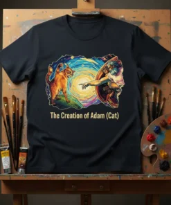 The Creation of Adam (Cat) t-shirt design featuring a cat reaching for a hand in a Renaissance art parody style