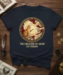 The Creation of Adam Cat Version T-Shirt design featuring a cat reaching for a hand, inspired by Michelangelo's artwork