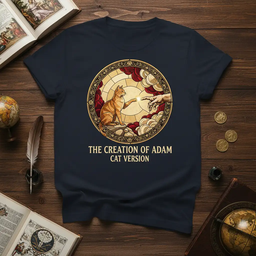 The Creation of Adam Cat Version T-Shirt with a cat reaching for a hand in a stained-glass style design
