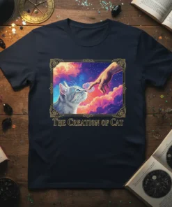 The Creation of Cat T-Shirt featuring a cat reaching for a hand amidst a vibrant celestial sky, framed by an