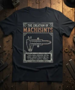 The Creation of Machisints quote t-shirt with caliper graphic and inspirational machinist saying