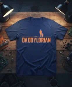 The DaddyLorian t-shirt with orange text and father-son silhouette graphic
