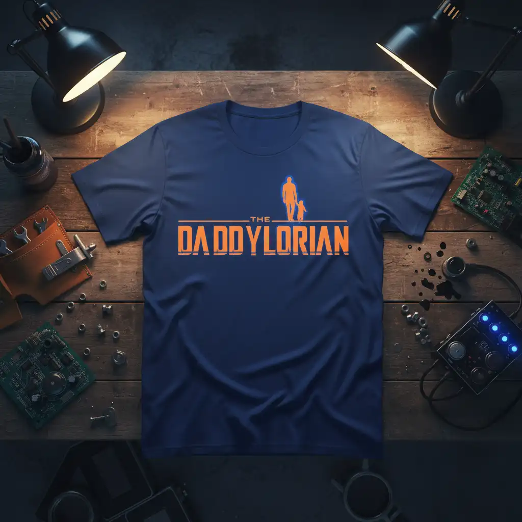 The DaddyLorian graphic tee featuring orange text and father-child silhouette