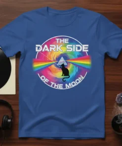 The Dark Side of the Moon cat t-shirt design featuring a black cat, prism, and rainbow colors