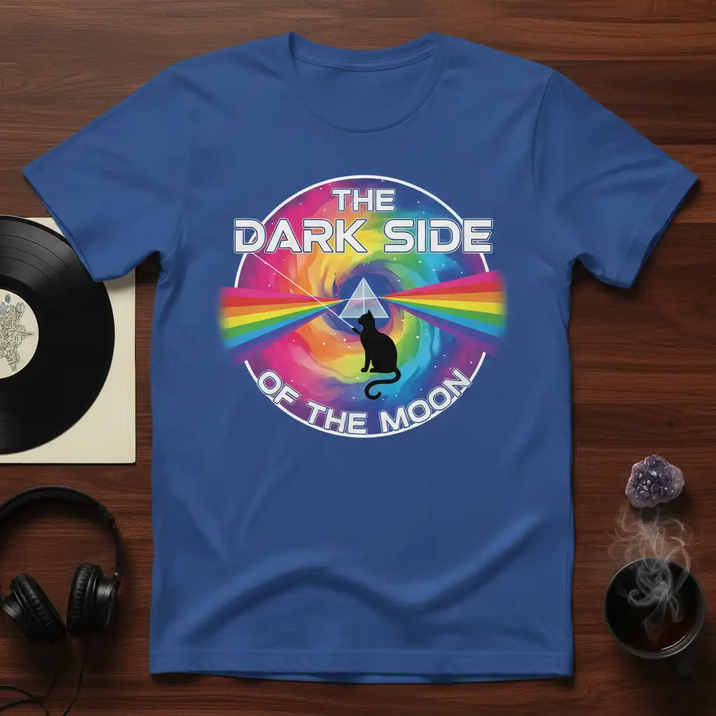 The Dark Side of the Moon cat design with prism and rainbow spectrum on a blue t-shirt