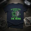 T-shirt design with neon green text "The Deadliest Virus In America Is The Media" surrounding a graphic of a virus