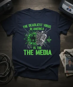 T-shirt design with neon green text "The Deadliest Virus In America Is The Media" surrounding a graphic of a virus