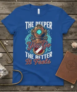 The Deeper You Go The Better It Feels quote with vintage diver helmet graphic on blue t-shirt