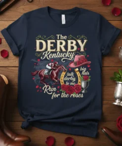 The Derby Kentucky Talk Derby To Me Run for the Roses t-shirt with horse, jockey, roses, horseshoe, and big hat