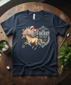 The Derby Mint Julep t-shirt design with a horse, flowers, and text, celebrating horse racing and mint juleps