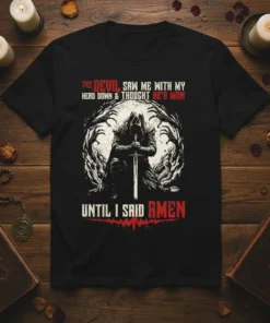 The Devil Saw Me With My Head Down & Thought He'd Won Until I Said Amen quote t-shirt with a
