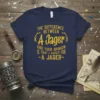 Navy blue t-shirt with gold glitter text "The difference between a Jager and your opinion is that I asked for