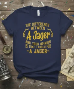 Navy blue t-shirt with gold glitter text "The difference between a Jager and your opinion is that I asked for