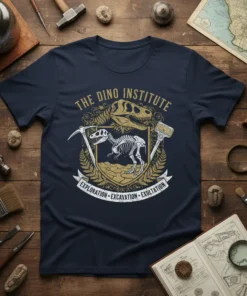 THE DINO INSTITUTE EXPLORATION EXCAVATION EXULTATION bold graphic design printed on comfortable cotton t-shirt