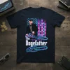 The Dogefather t-shirt design featuring a man with a chainsaw, American flag, and cryptocurrency symbols