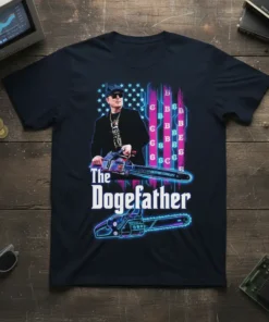 The Dogefather t-shirt design featuring a man with a chainsaw, American flag, and cryptocurrency symbols