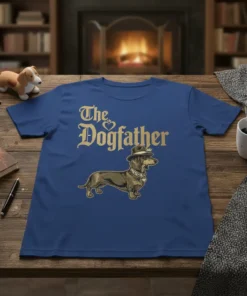 The Dogfather t-shirt design with a cartoon dachshund wearing a hat and crown, text in gothic font