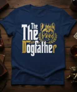 The Dogfather French Bulldog dad t-shirt featuring a crowned French Bulldog graphic and laurel wreath
