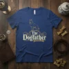 The Dogfather t-shirt with German Shepherd graphic and decorative text, navy blue tee