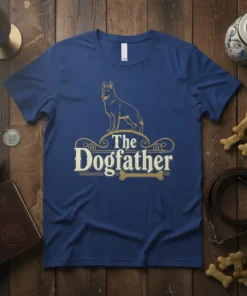 The Dogfather t-shirt with German Shepherd graphic and decorative text, navy blue tee