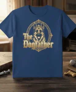 The Dogfather T-Shirt featuring a regal German Shepherd wearing a crown within an ornate golden frame