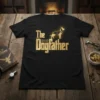 The Dogfather t-shirt design featuring golden text and a dog wearing a crown and patterned bandana