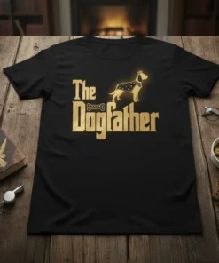 The Dogfather t-shirt design featuring golden text and a dog wearing a crown and patterned bandana