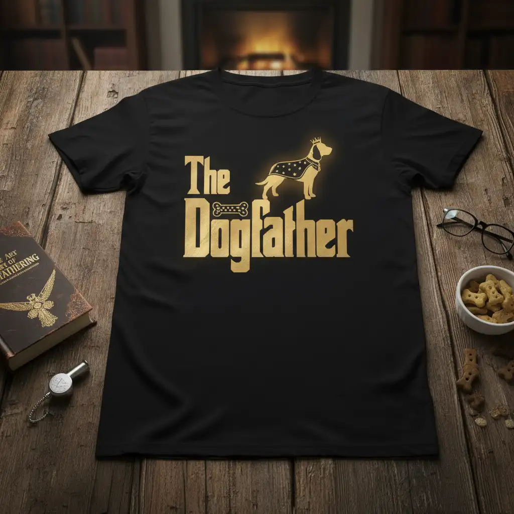 The Dogfather t-shirt design featuring golden text, a dog with a crown, and a patterned bandana graphic