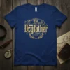 The Dogfather text with dog bone and laurel wreath graphic on a navy blue t-shirt