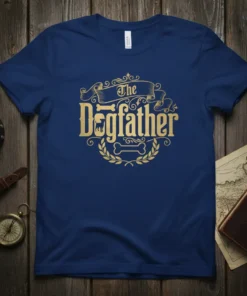 The Dogfather text with dog bone and laurel wreath graphic on a navy blue t-shirt