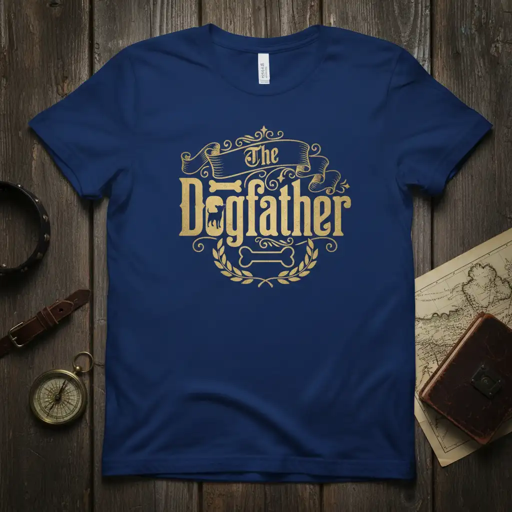 The Dogfather quote design with dog bone and laurel wreath on a navy t-shirt