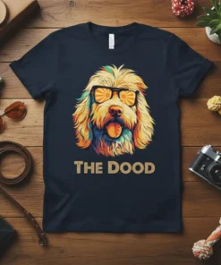 The Dood T-Shirt features a colorful doodle dog wearing sunglasses, with the text "THE DOOD" below