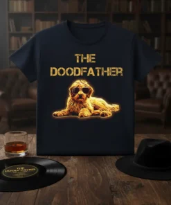 The Doodfather t-shirt design featuring text and a cool doodle dog wearing sunglasses