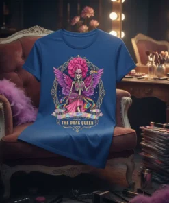 The Drag Queen Lone Line t-shirt design featuring a skeleton drag queen with wings and a pink dress, set within