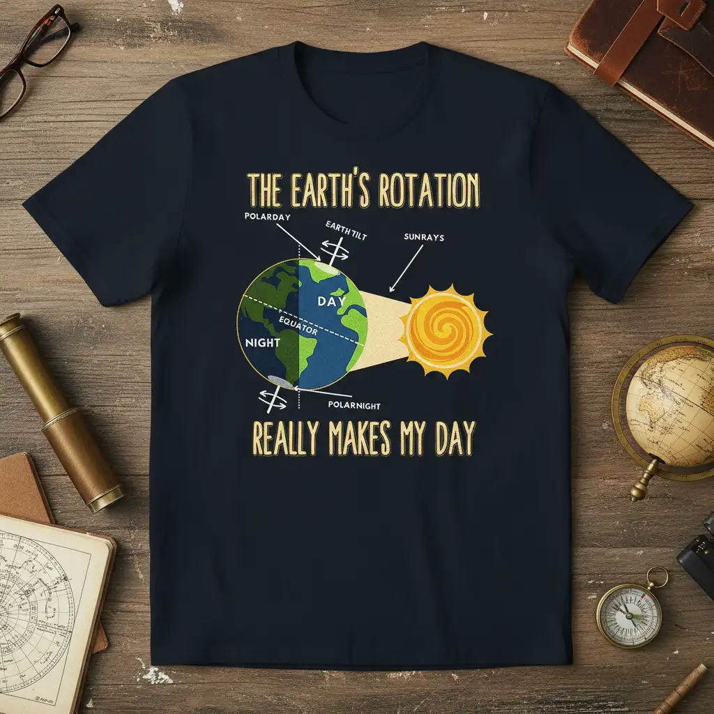 The Earth's Rotation Really Makes My Day quote and diagram of Earth and Sun on a navy shirt
