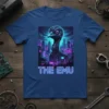 Cyberpunk emu with neon eyes in a futuristic city skyline, text "THE EMU" in neon blue
