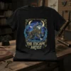 Black t-shirt with "The Escape Artist" text and a steampunk husky illustration in a starry night setting